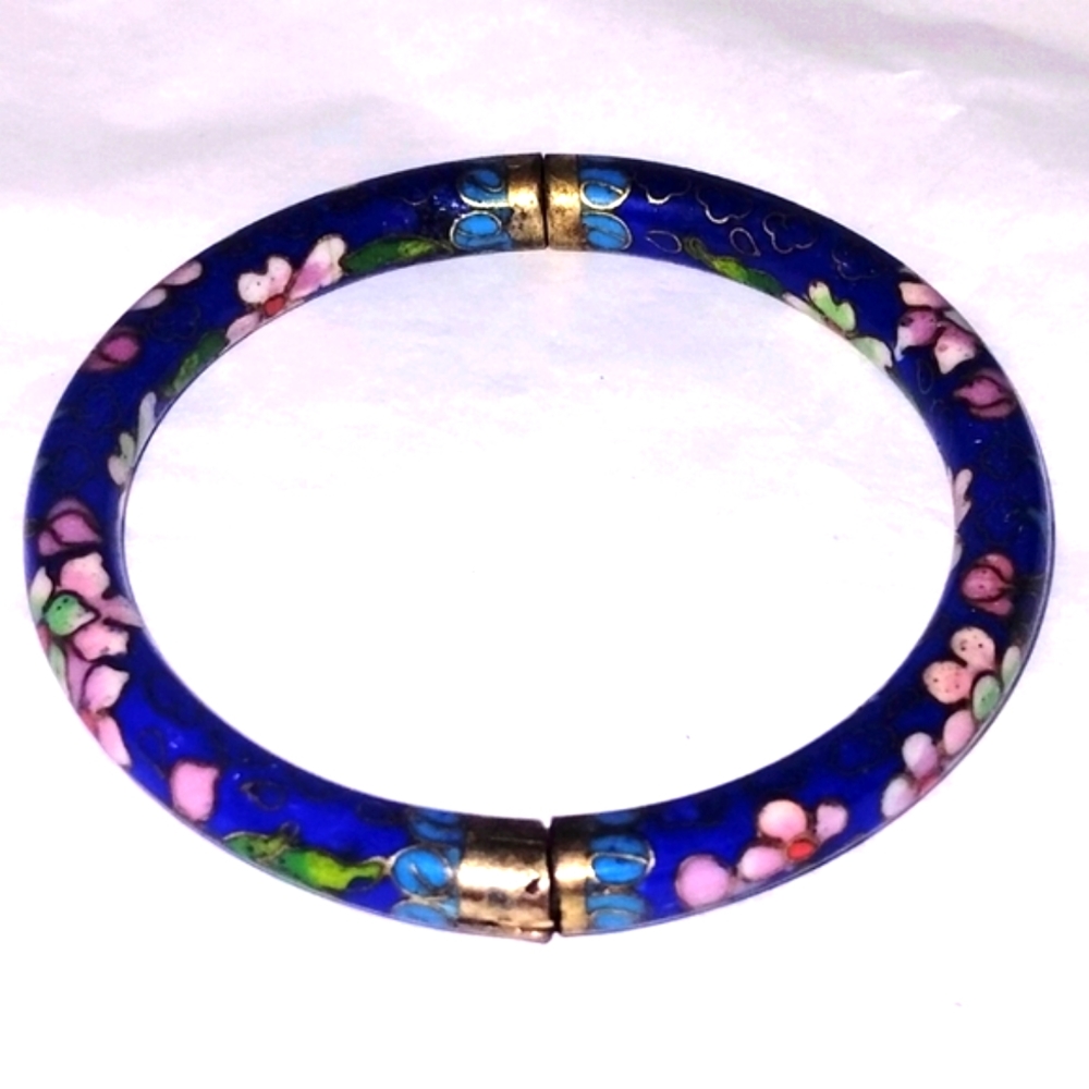 Vintage Old Chinese Cloisonné Enamel Floral Bangle Bracelet Blue